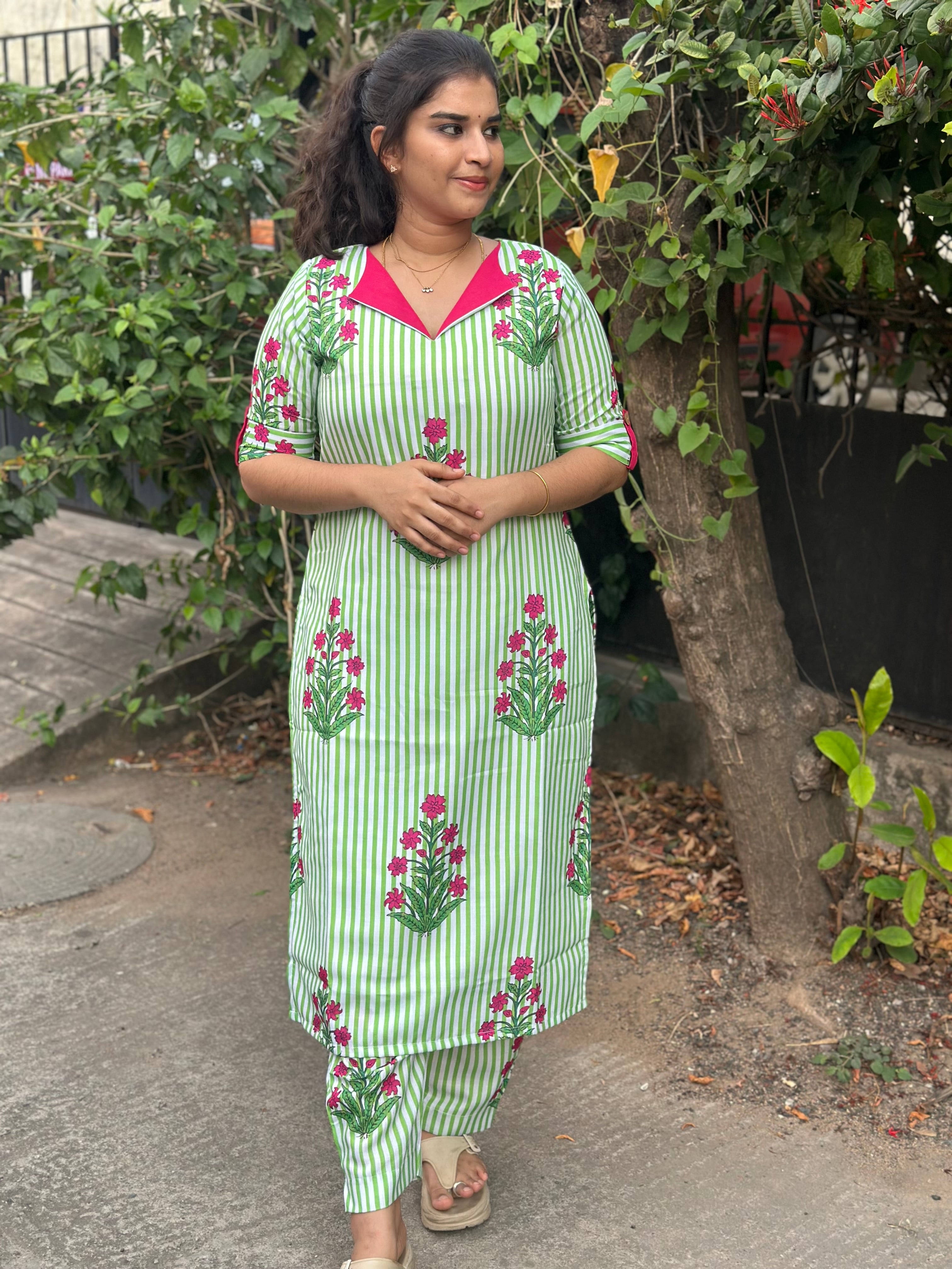 Green Candy Stripe Slub Cotton Coord set