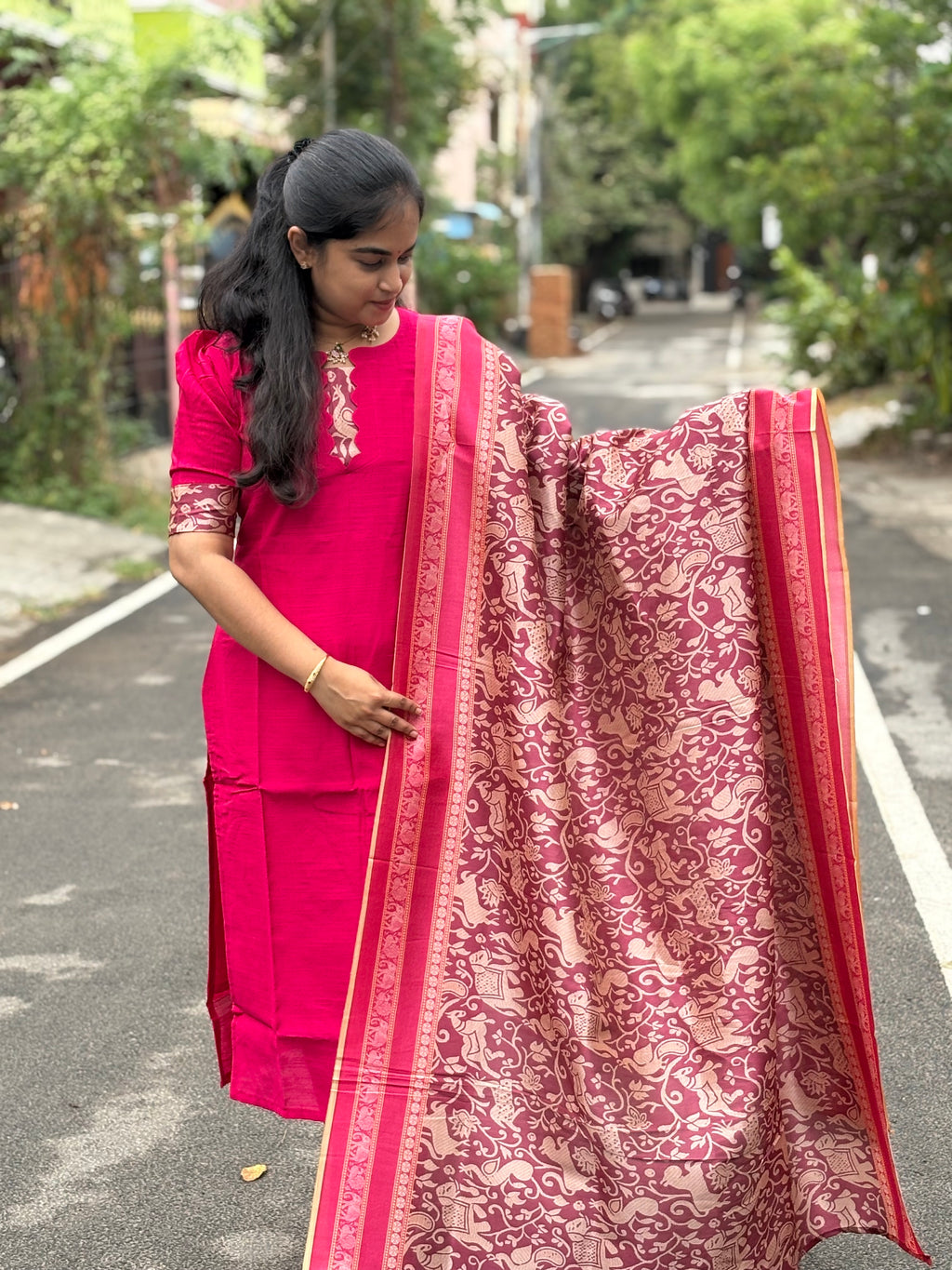 Pink Raw Silk Suit Set with Tussar Dupatta