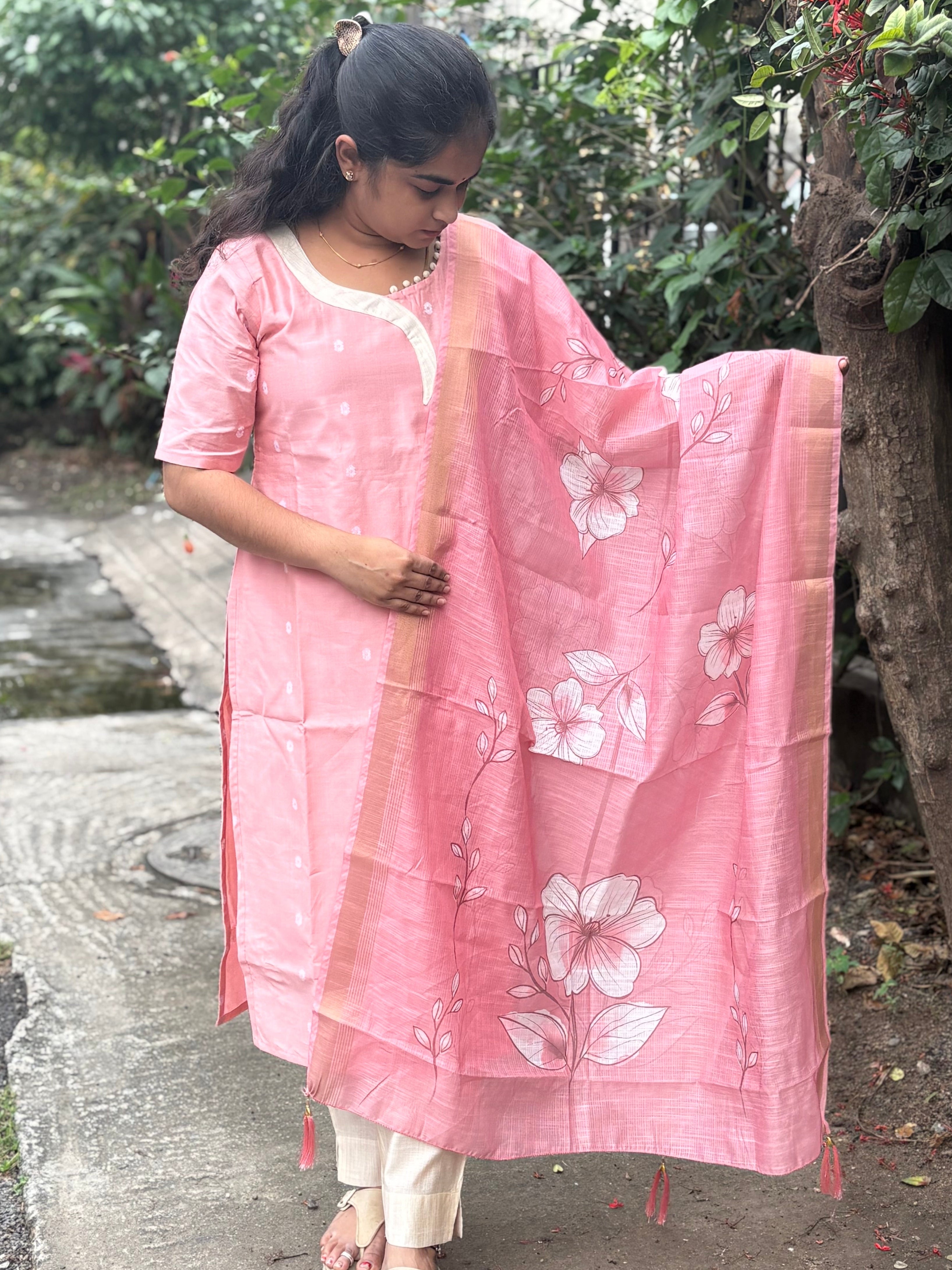 Buttersilk Suit Set With Digital Kota Jari Dupatta