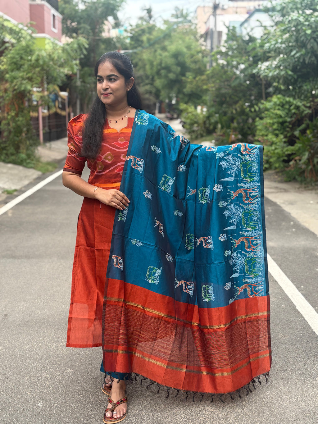 Pochampally Sico Set With Printed Dupatta