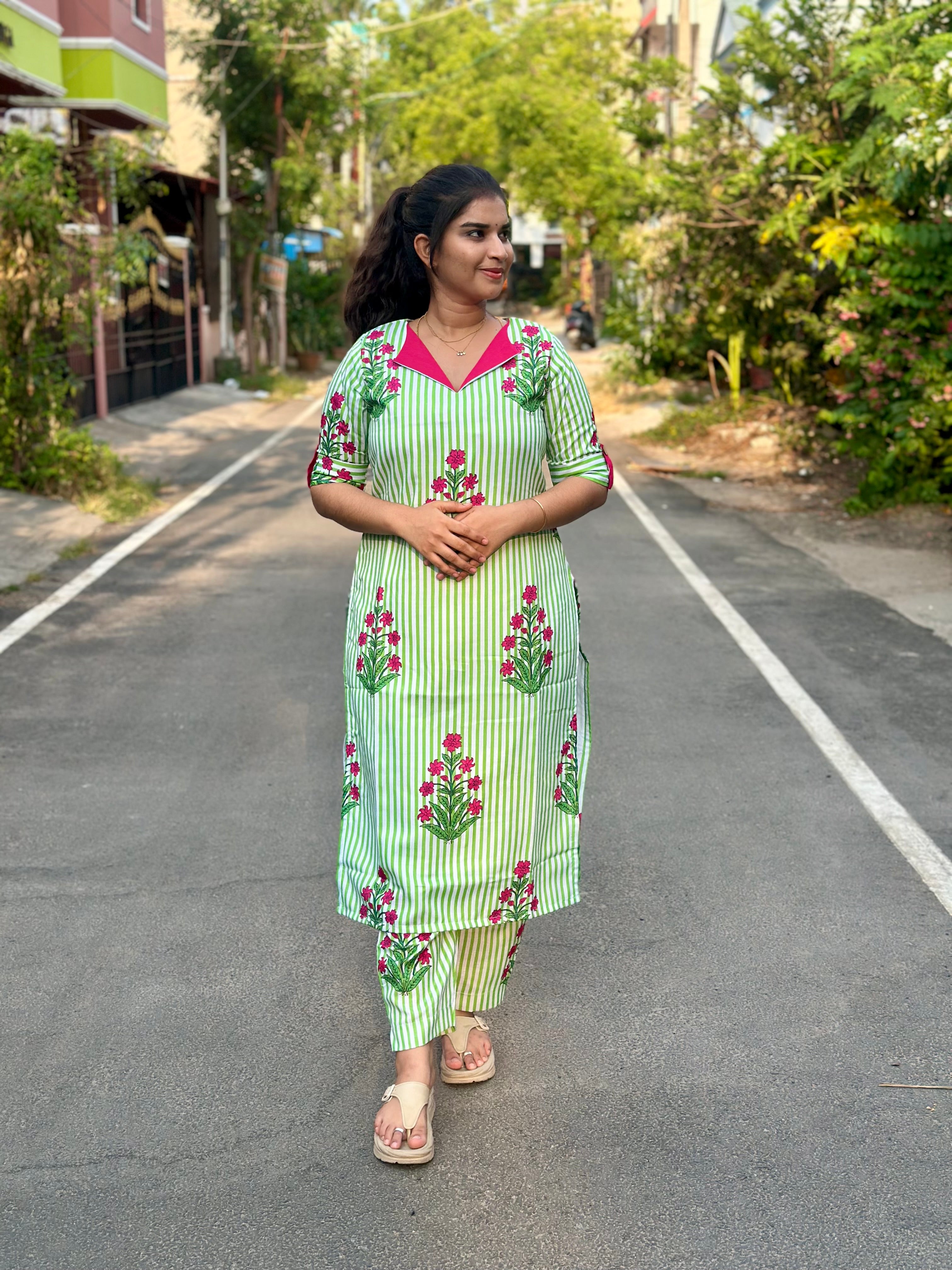 Green Candy Stripe Slub Cotton Coord set