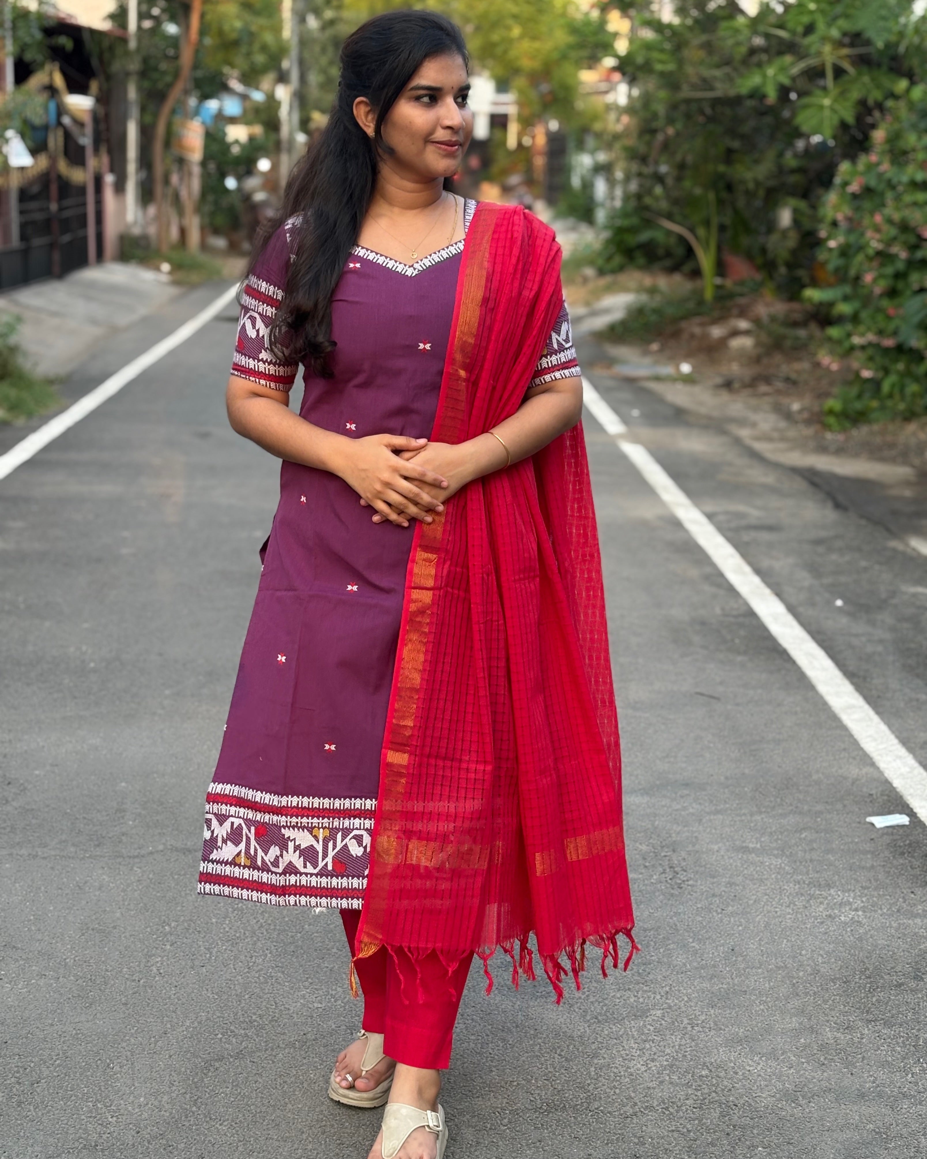Handloom Cotton Suit set with Jamdhani border