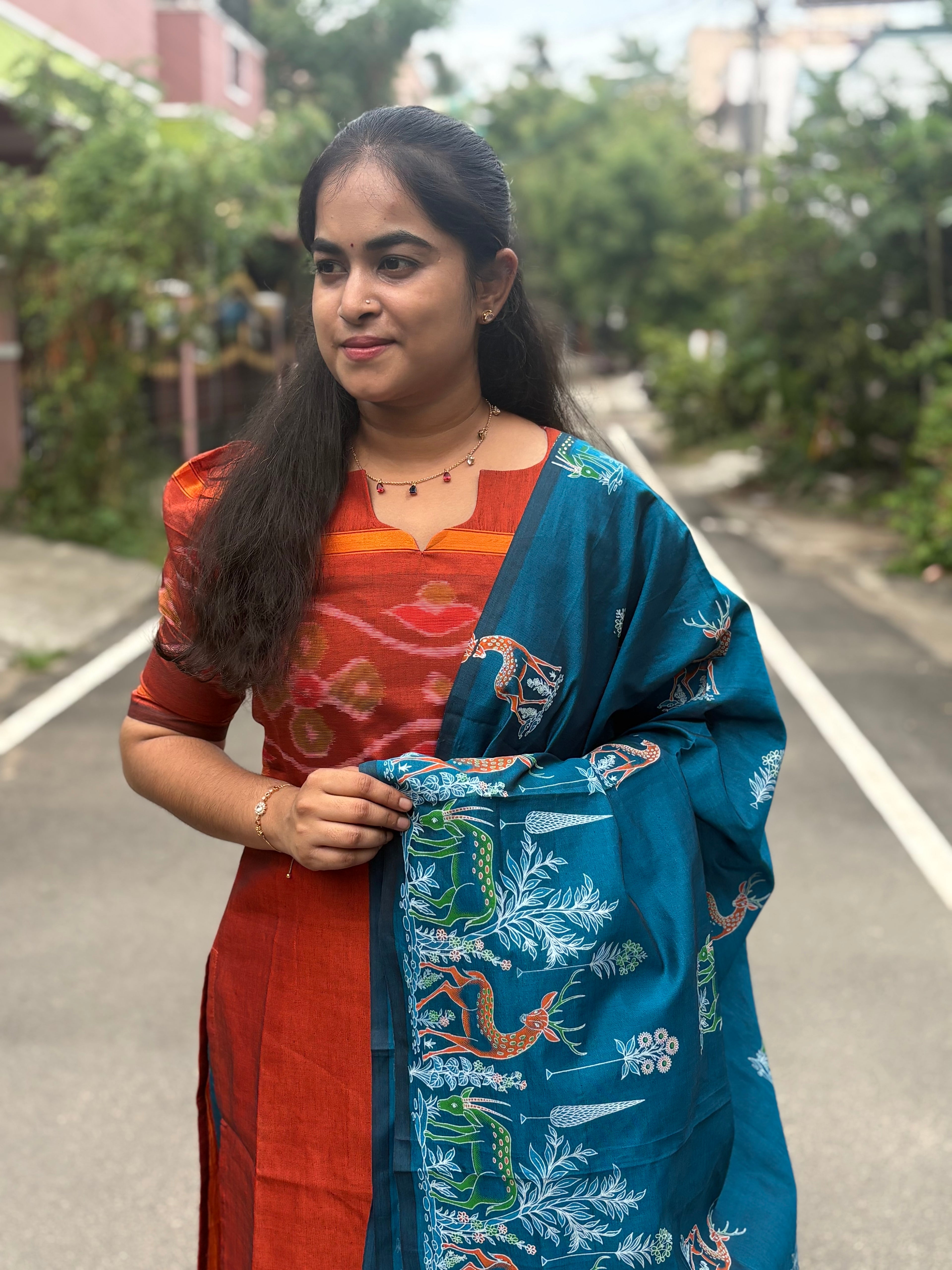 Pochampally Sico Set With Printed Dupatta