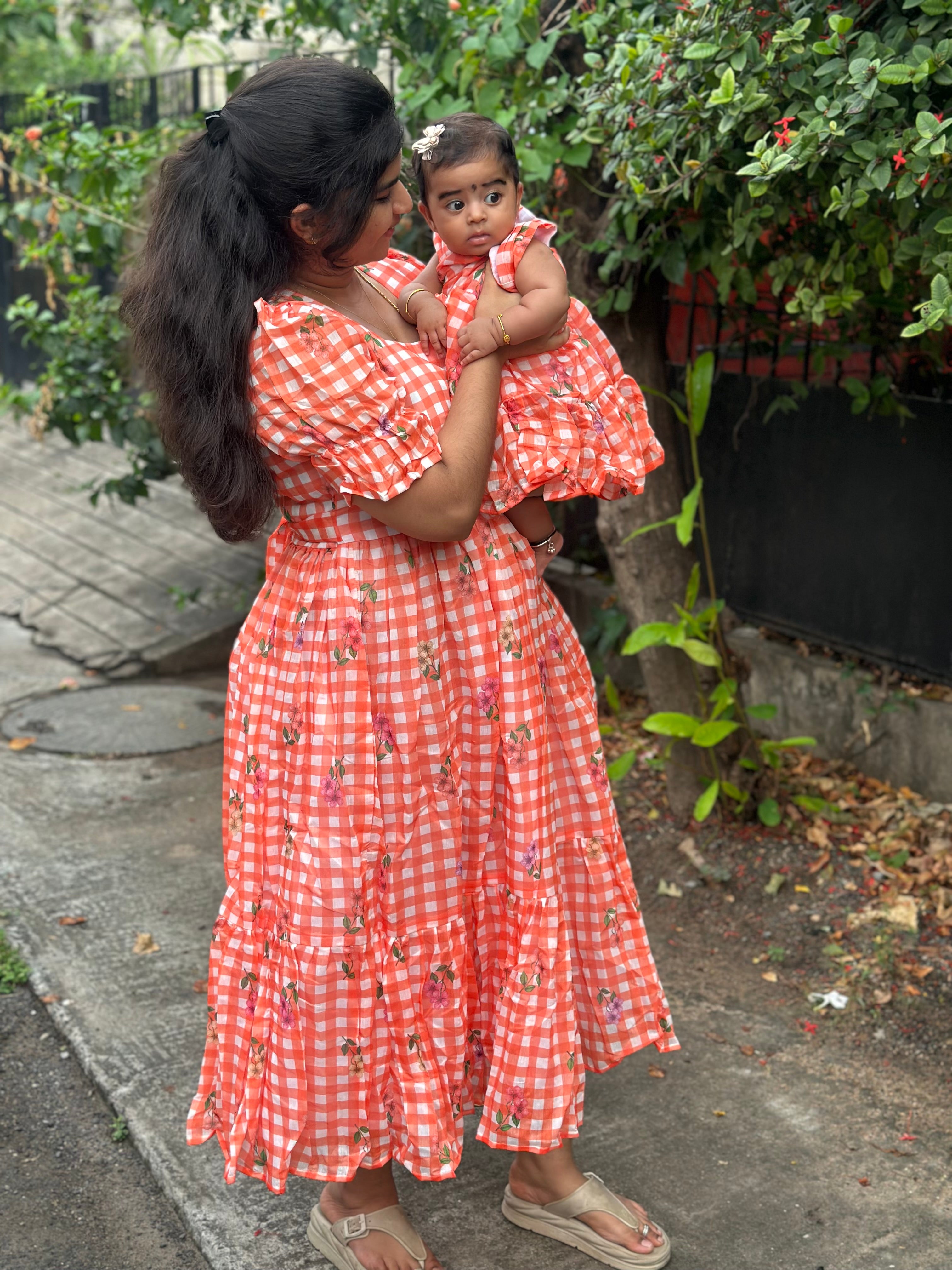 Mul Chanderi Cotton Mom and Daughter maxi combo (Mom)
