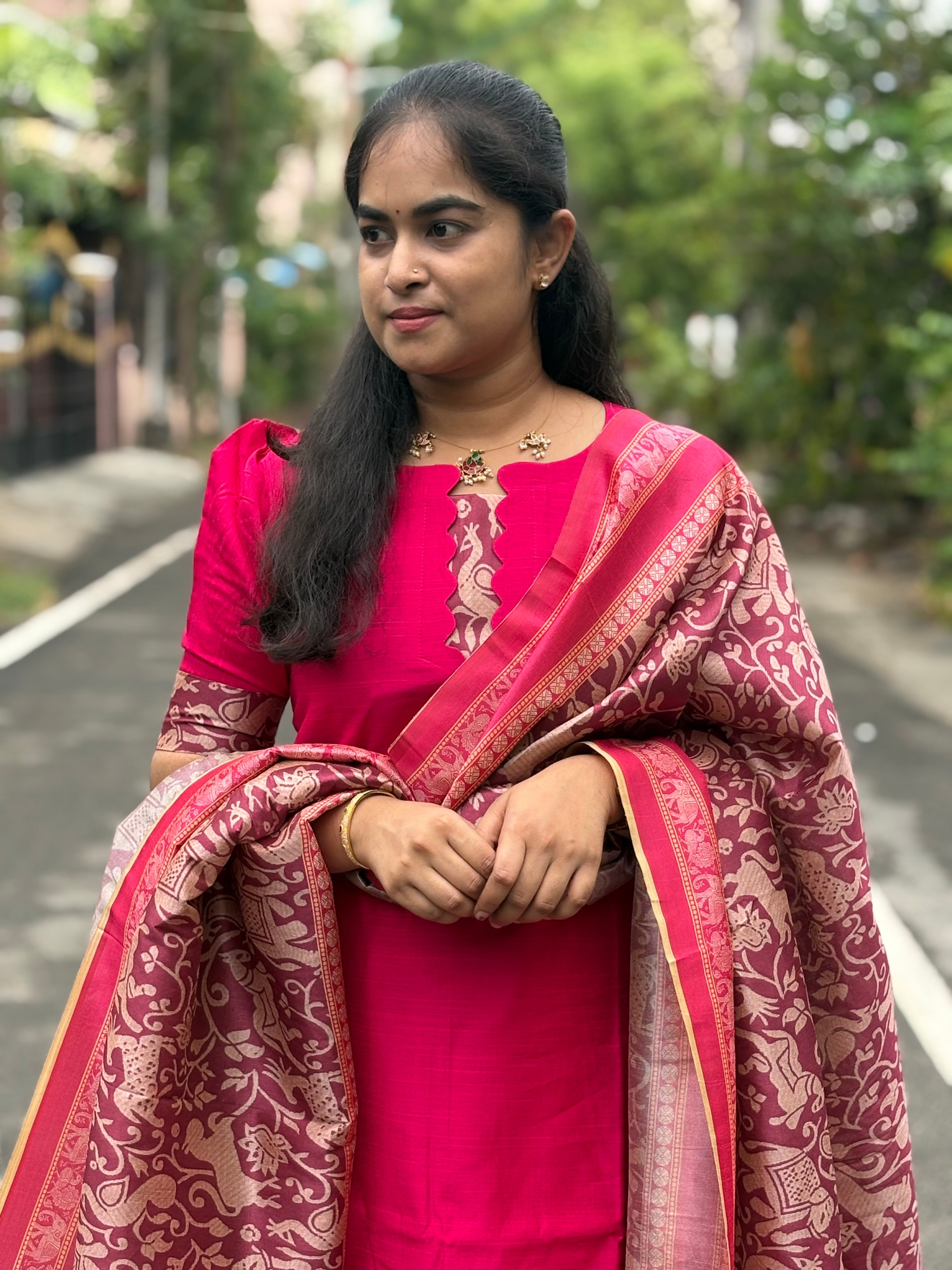 Pink Raw Silk Suit Set with Tussar Dupatta