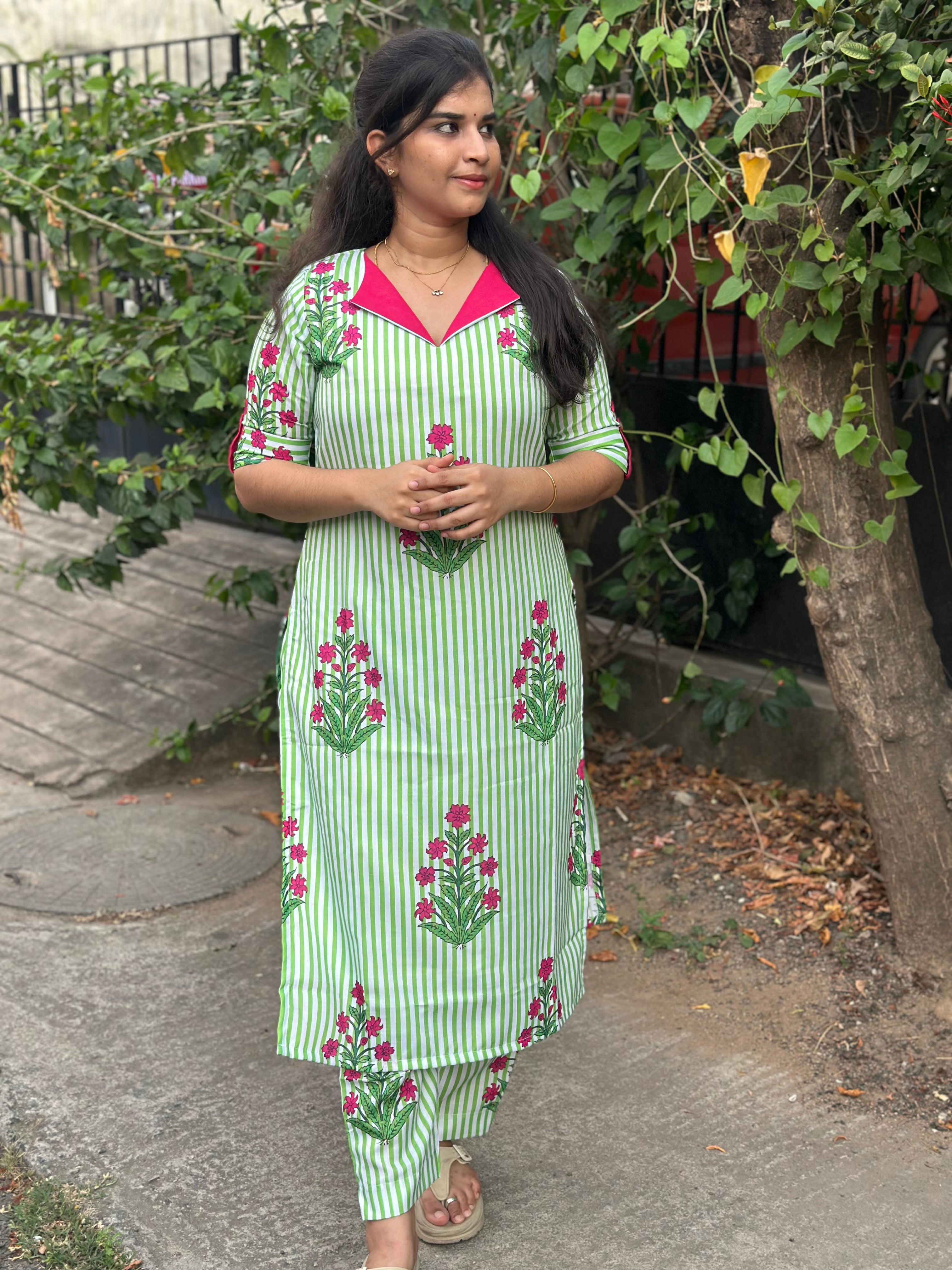 Green Candy Stripe Slub Cotton Coord set