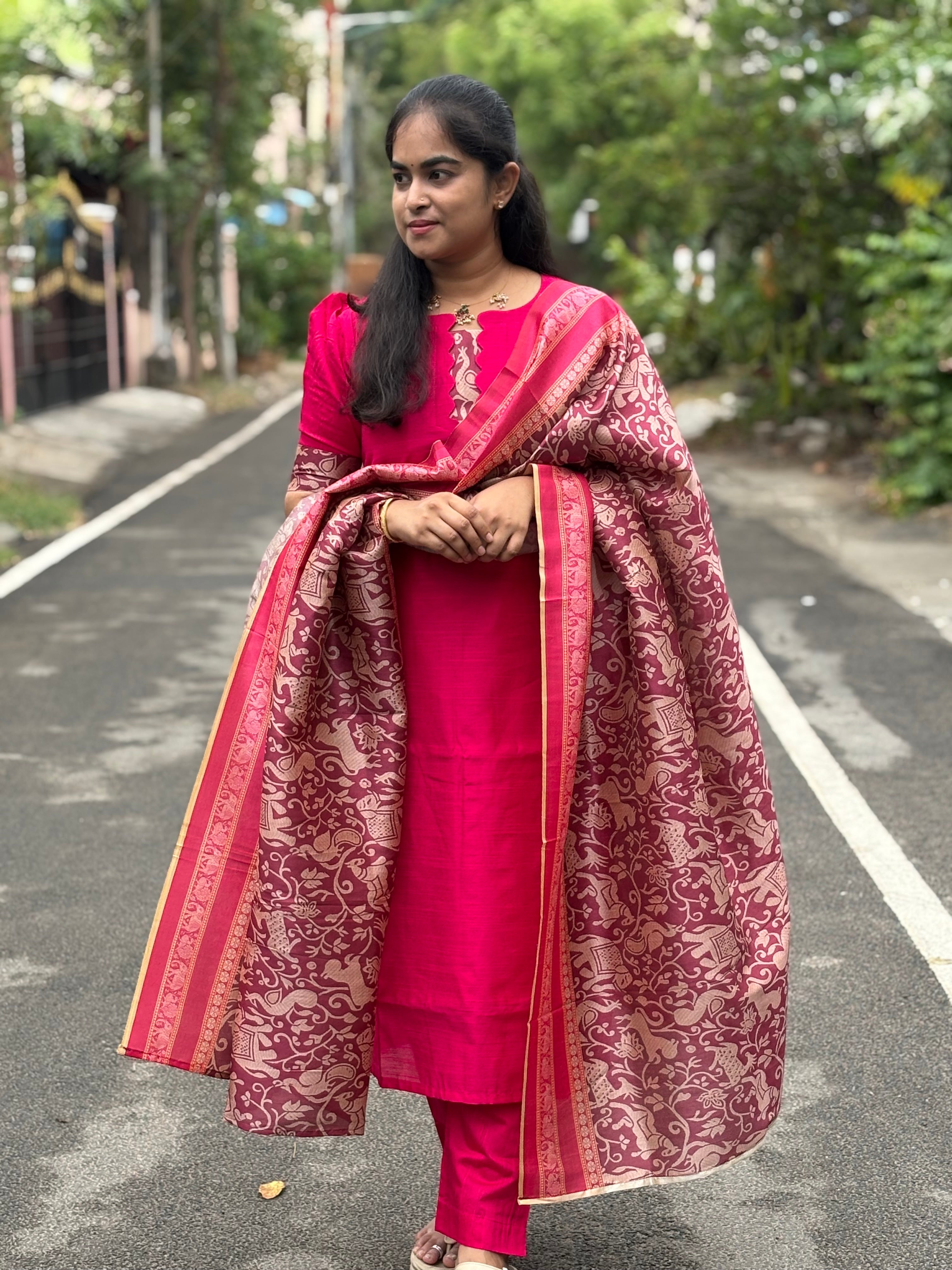 Pink Raw Silk Suit Set with Tussar Dupatta
