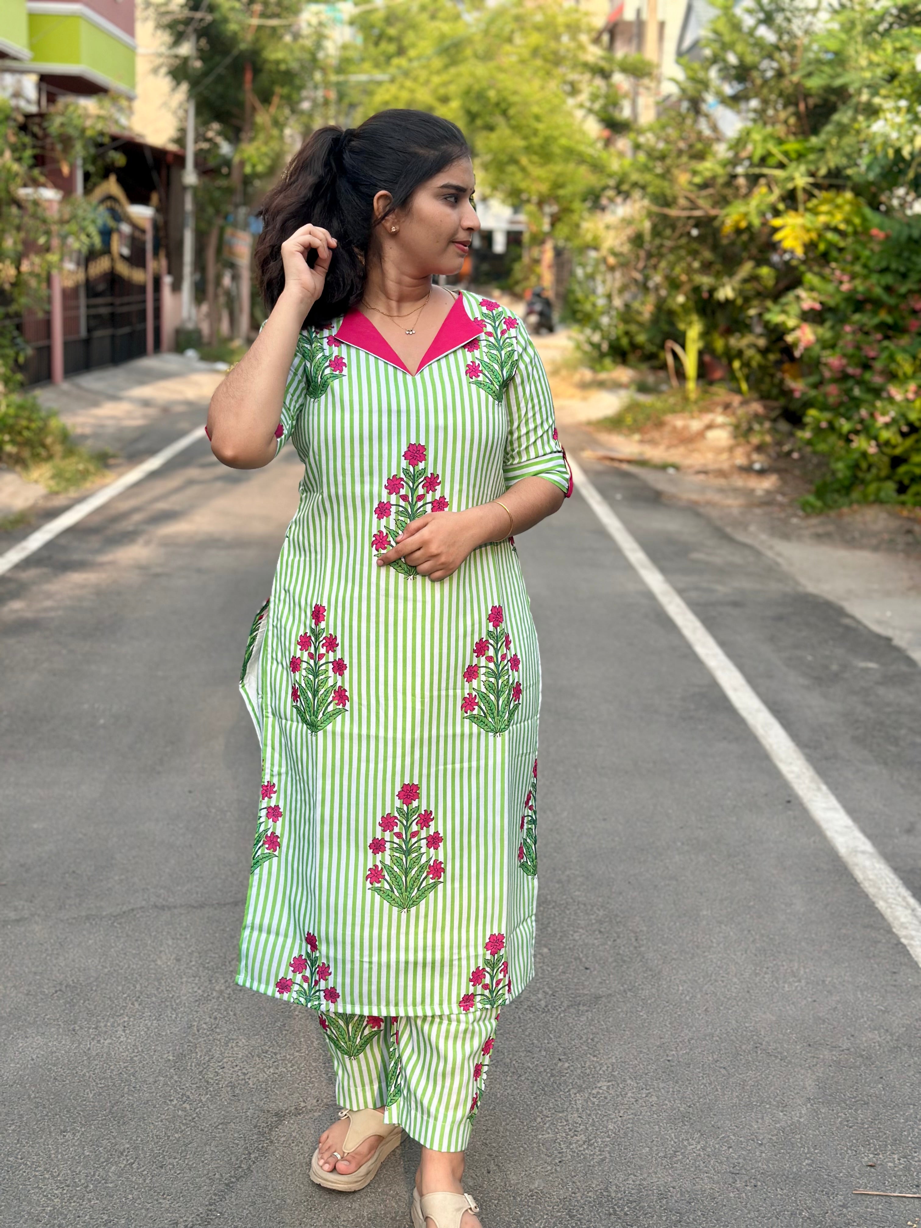 Green Candy Stripe Slub Cotton Coord set