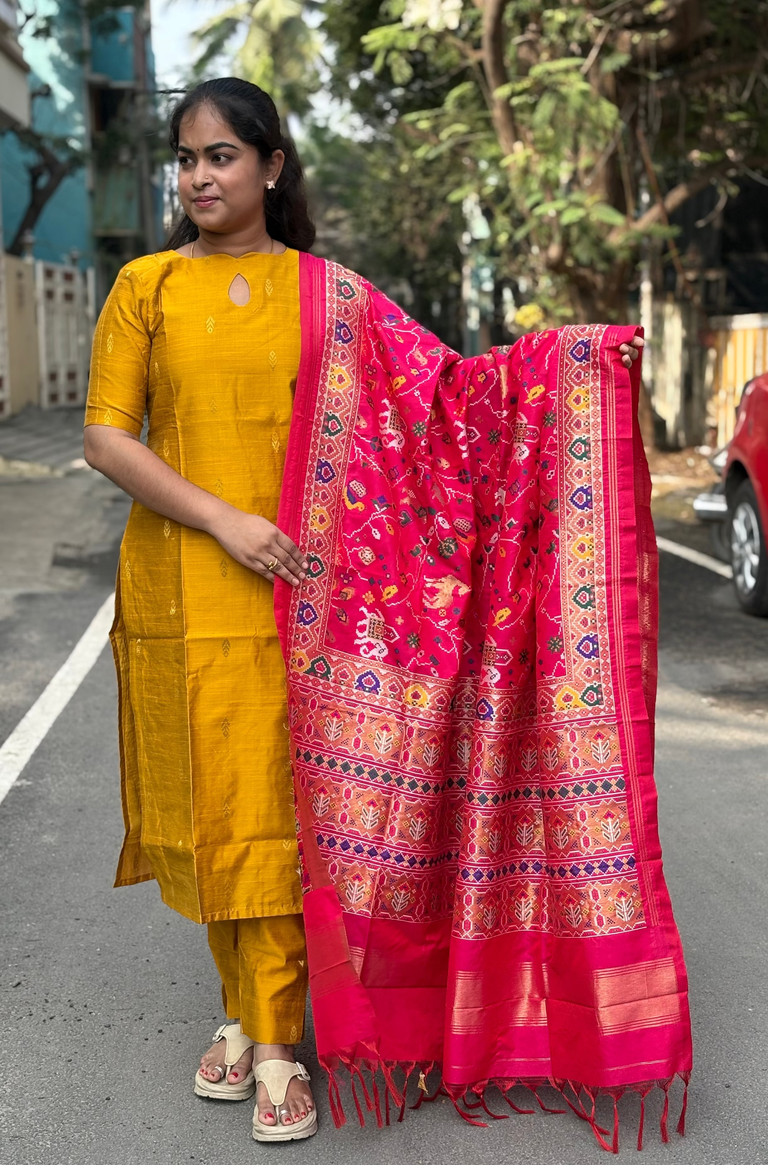 Yellow Raw Silk Suit Set With Premium Woven Patola Silk Dupatta