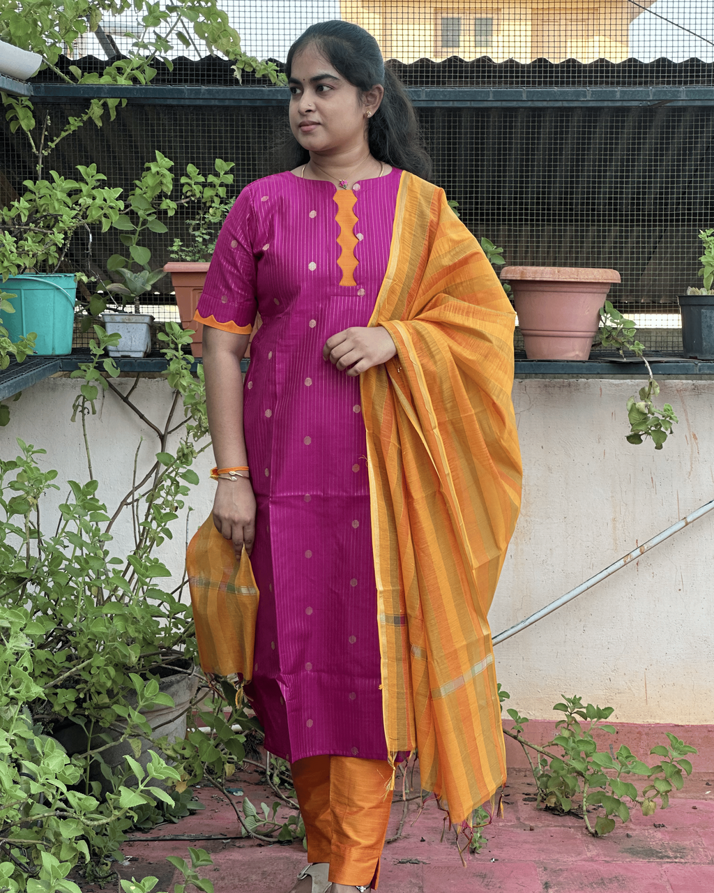 Pink And Orange Raw Silk Suit Set