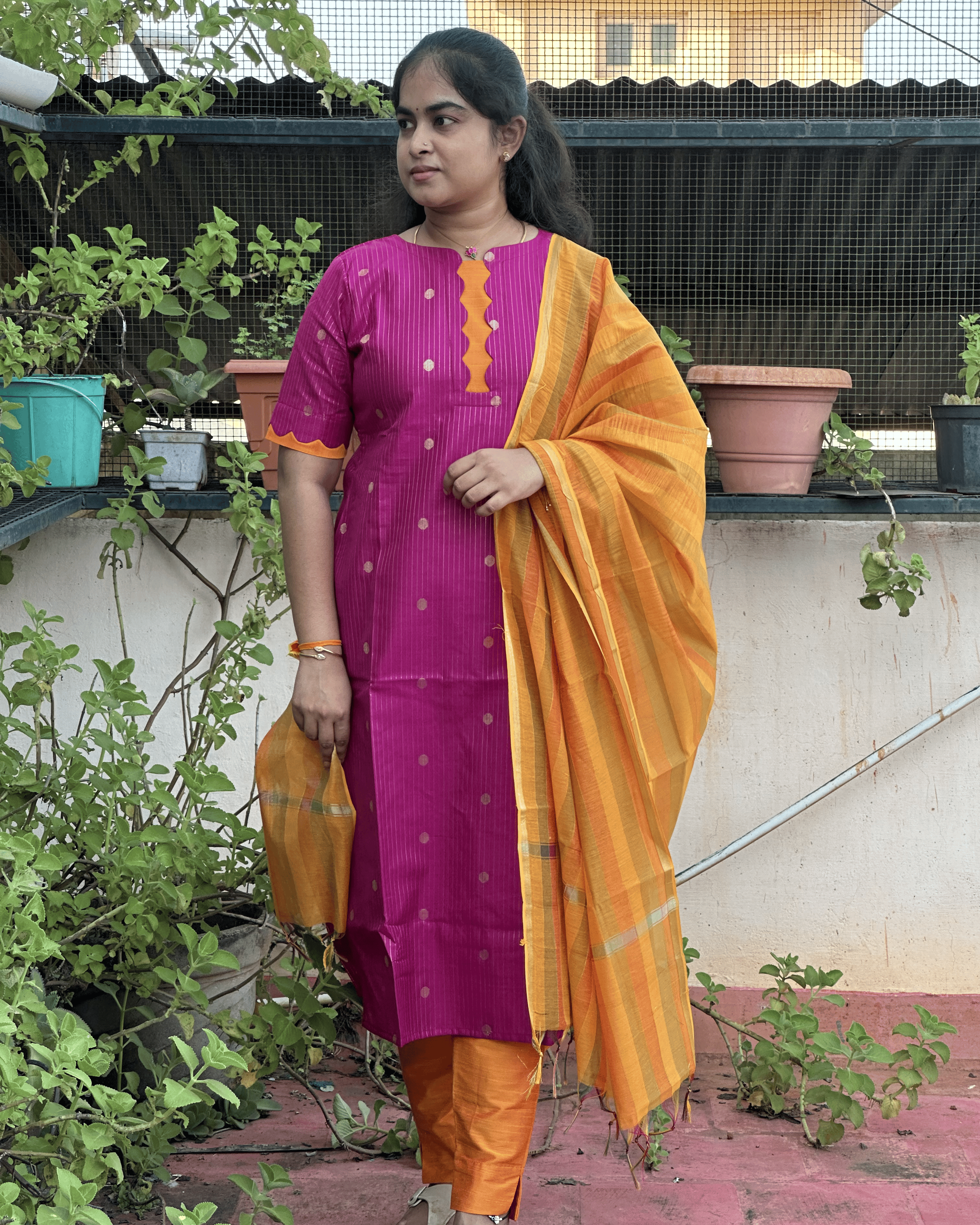 Pink And Orange Raw Silk Suit Set