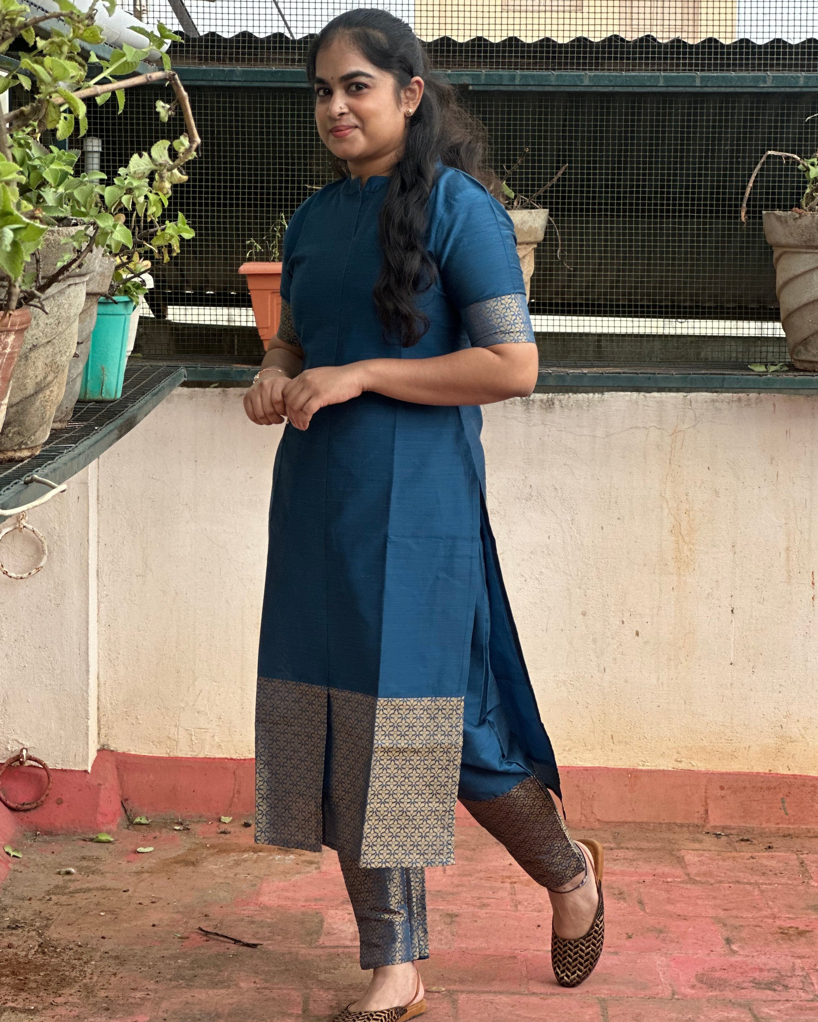 Teal Blue Raw Silk Coord Set With Brocade Detailing