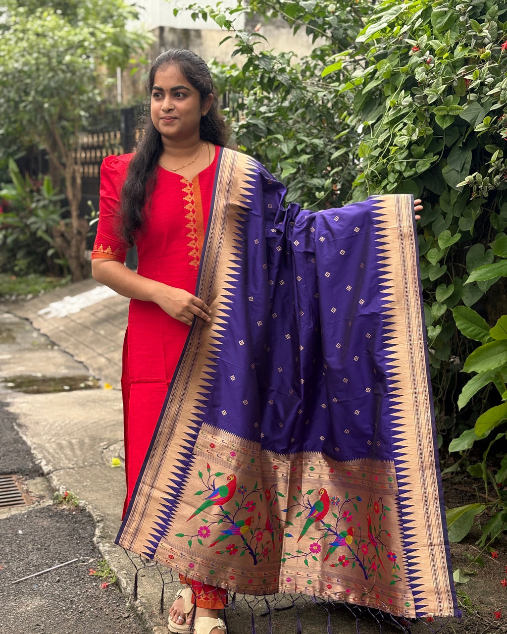 Red Raw silk Suit Set with Premium Woven Paithani Silk Dupatta