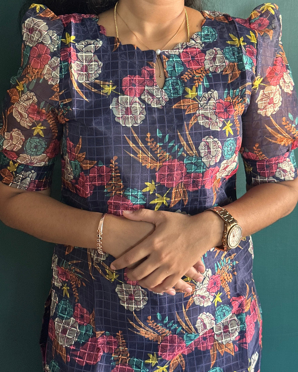 Navy Blue Floral Printed Organza Kurti