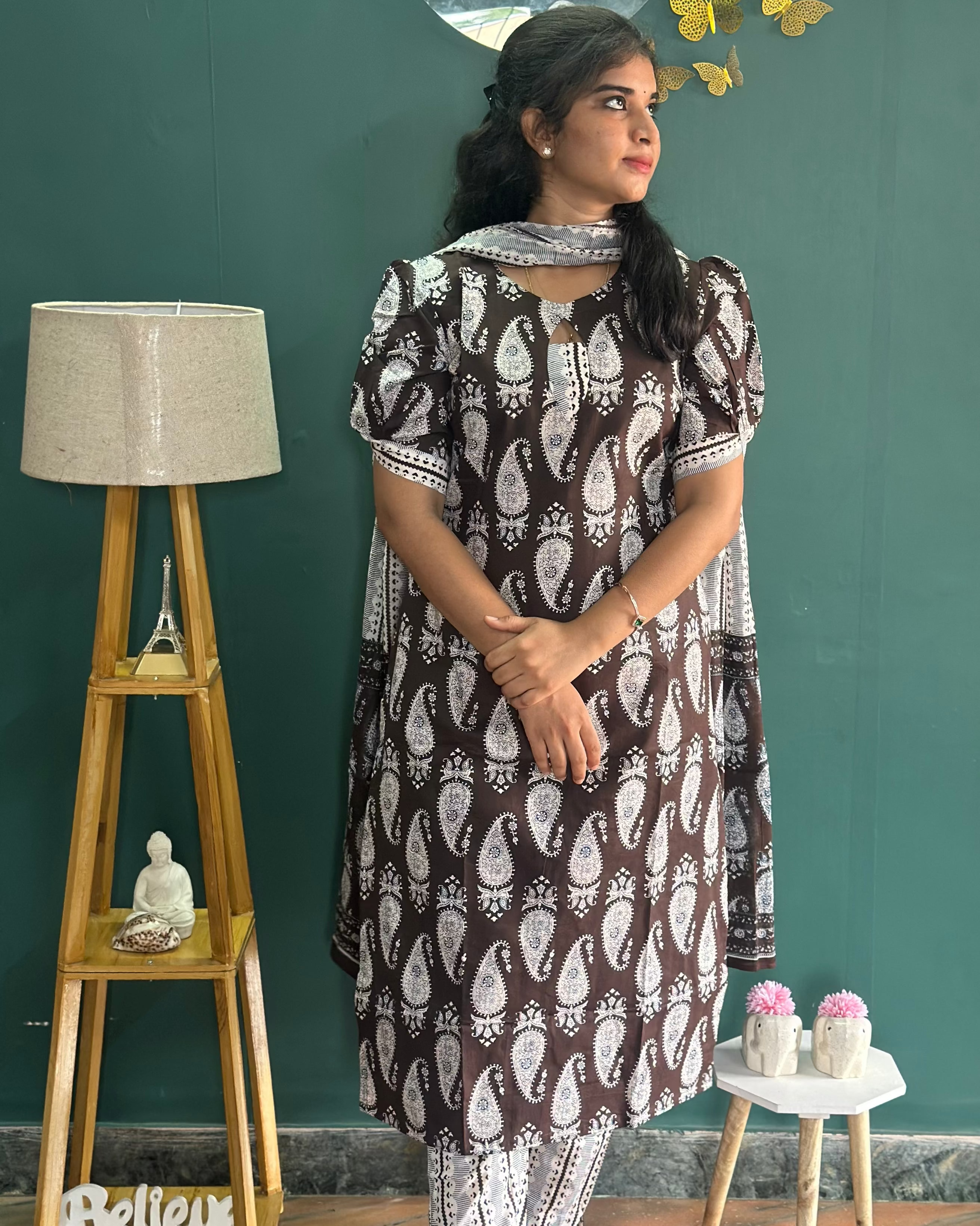 Brown And White Cotton Suit Set