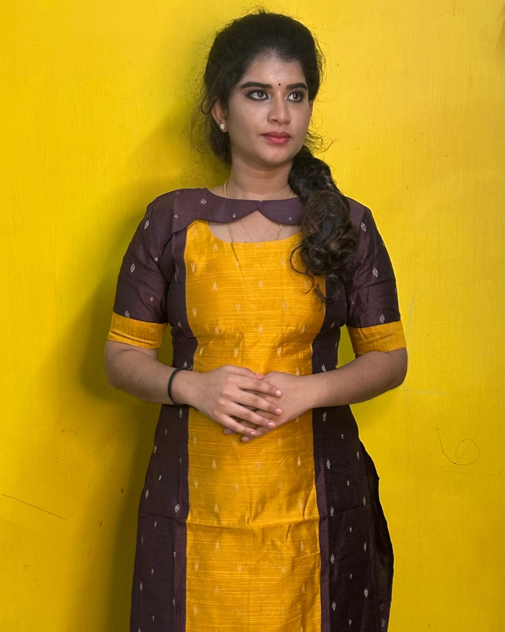 Brown And Yellow Raw Silk Coord Set