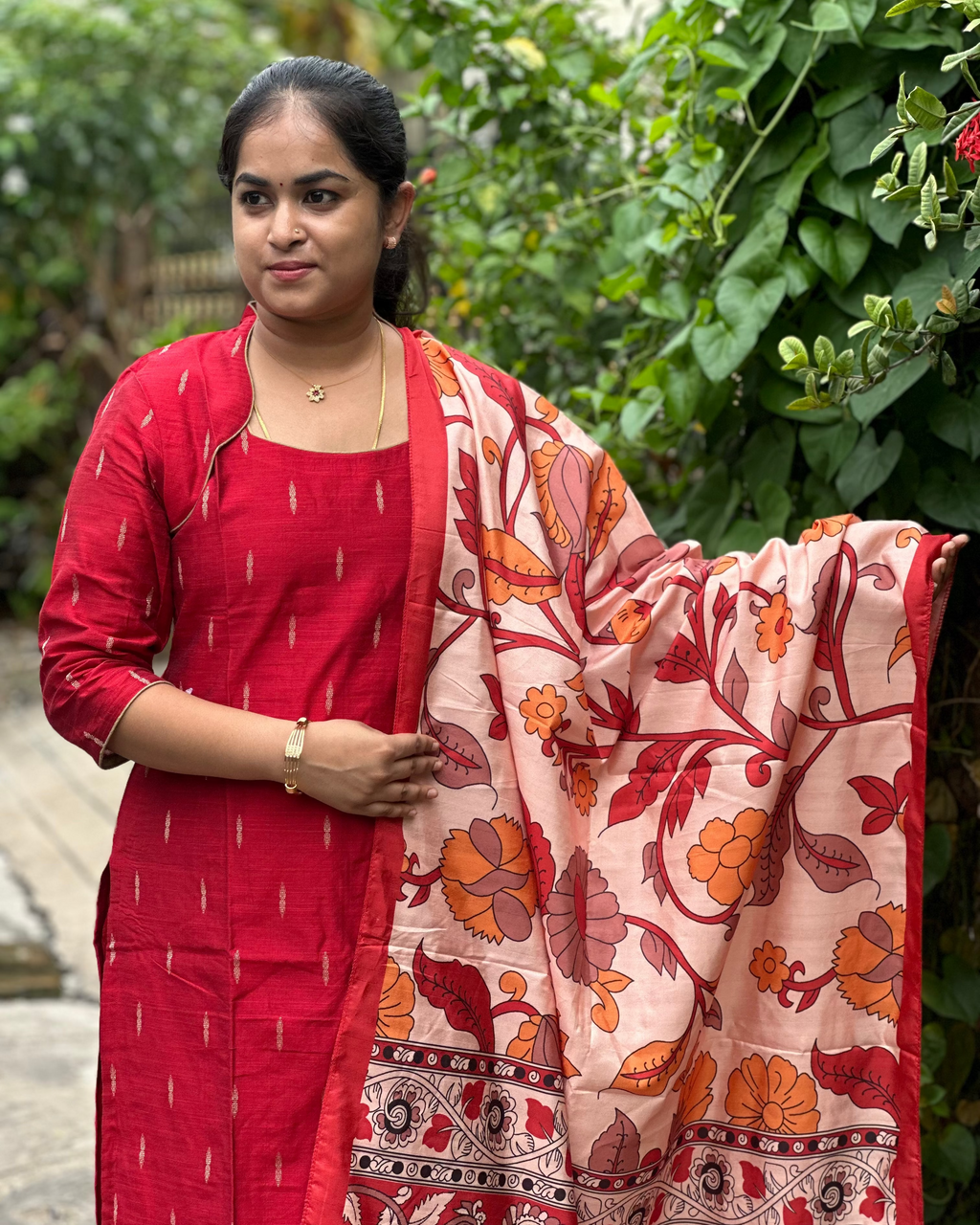 Red Raw Silk Suit Set Paired With An Elegant Tussar Silk Dupatta